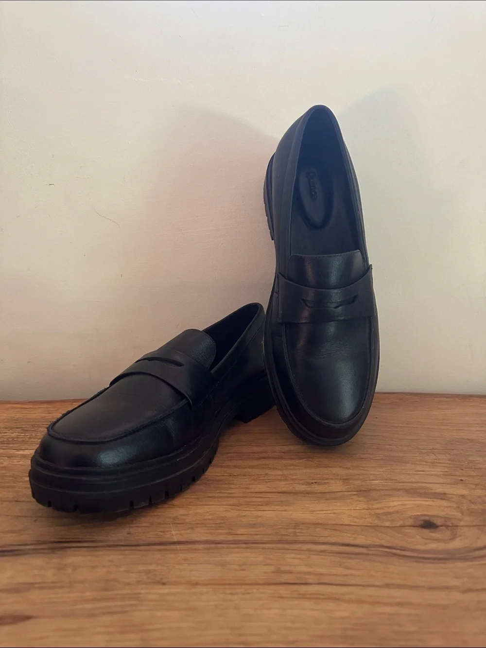 Quince Black Leather Lug-Sole Penny Loafers